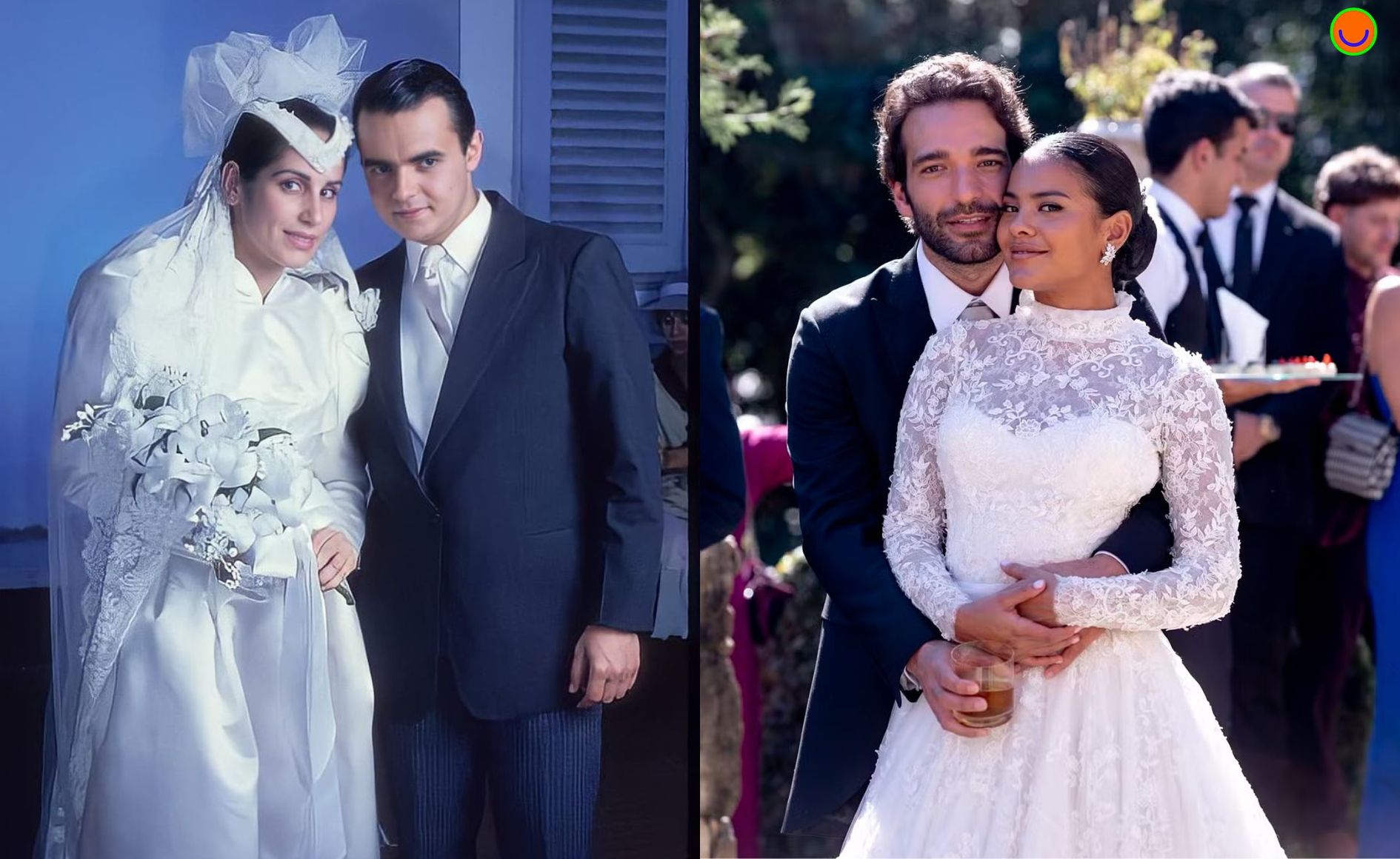 Comparação de look de Afonso e Maria de Fátima no dia do casamento em Vale Tudo original e remake