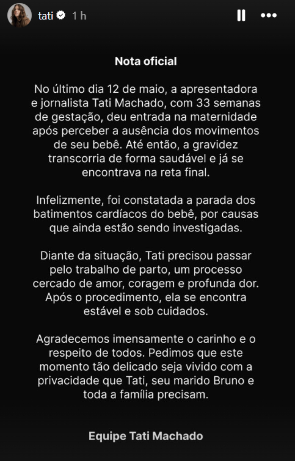 Equipe de Tati Machado postou o pronunciamento nas redes sociais sobre a perda do bebê