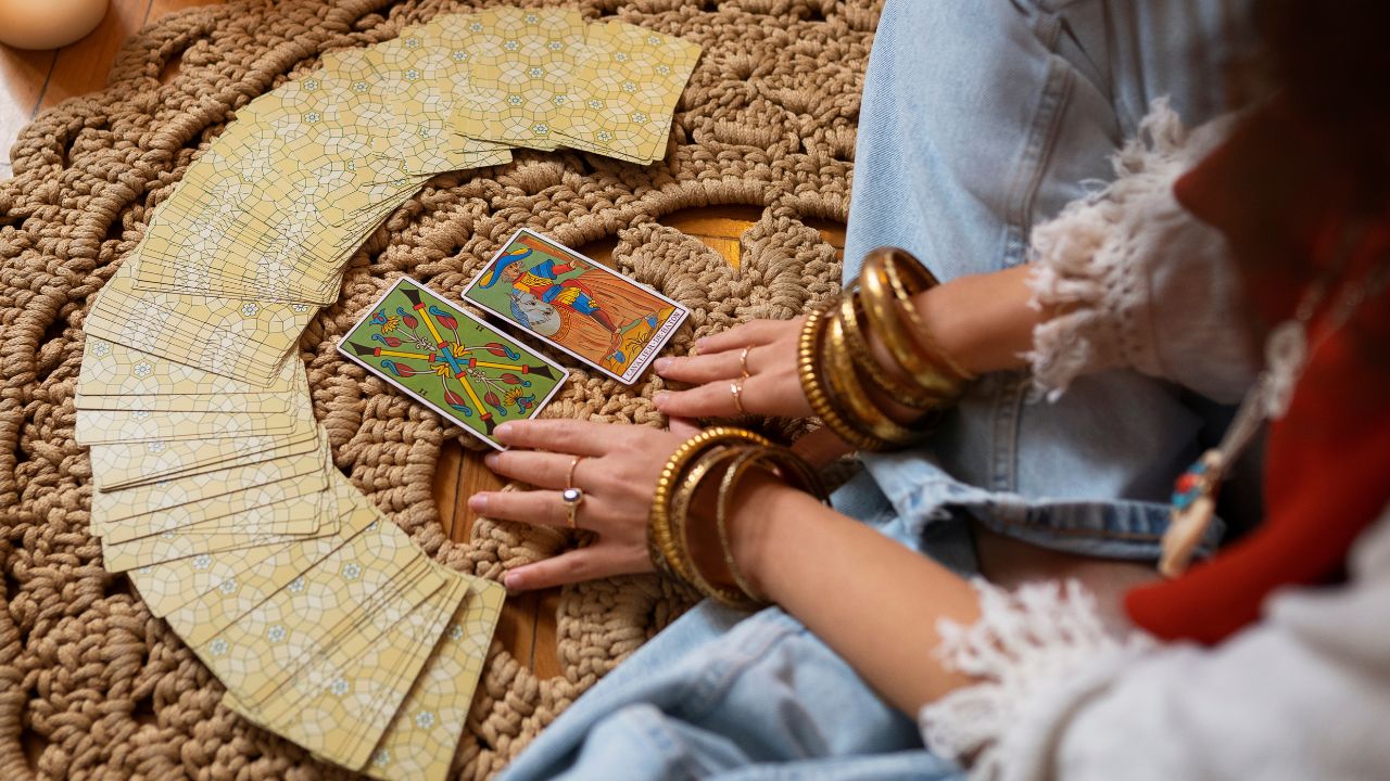 Imagem de cartas de tarô espalhadas pelo chão próximas a uma mão feminina