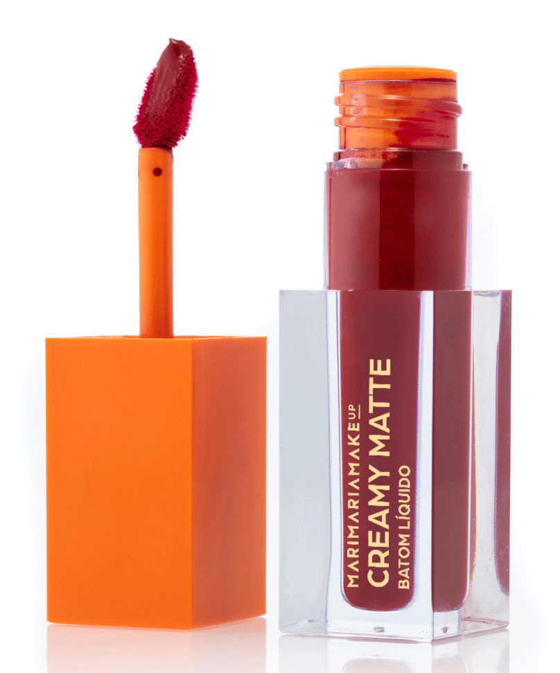 Batom vermelho em embalagem transparente com tampa laranja.