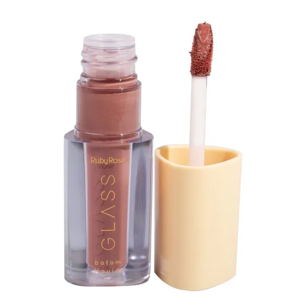 Batom nude rosado com embalagem transparente e tampa off-white.