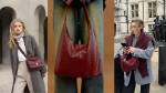 Três imagens mostram bolsas na cor bordô em diferentes modelos.