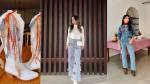 Três imagens: bota com fitas, mulher com calça com fitas e mulher com conjunto jeans customizado.