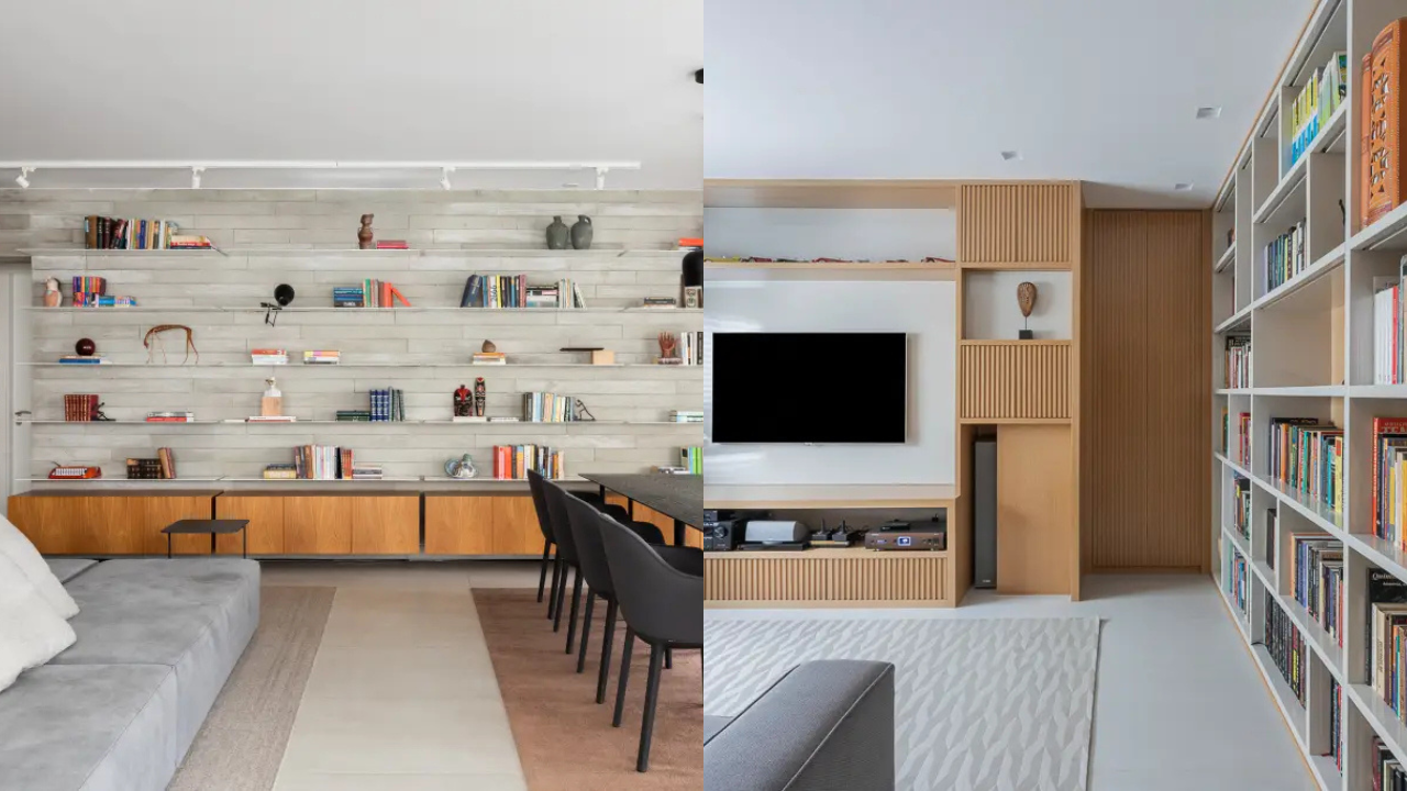 Salas de estar que usam livros como decoração.