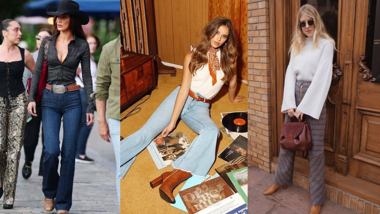 Três imagens diferentes mostram mulheres brancos usando calça flaire em looks de festa junina.