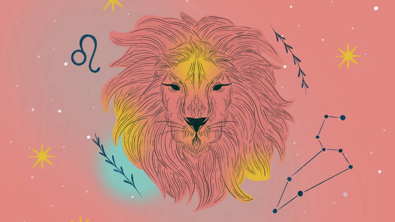 Ilustração de Leão, em referência ao signo astrológico. O fundo é rosa.