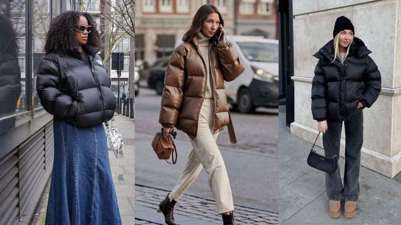 Três imagens mostram mulheres exibindo looks com jaquetas puffers.