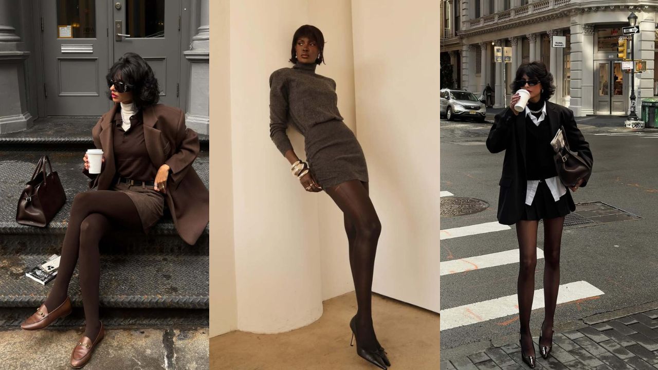 Tês imagens mostram mulheres pousando com looks com meia-calça.