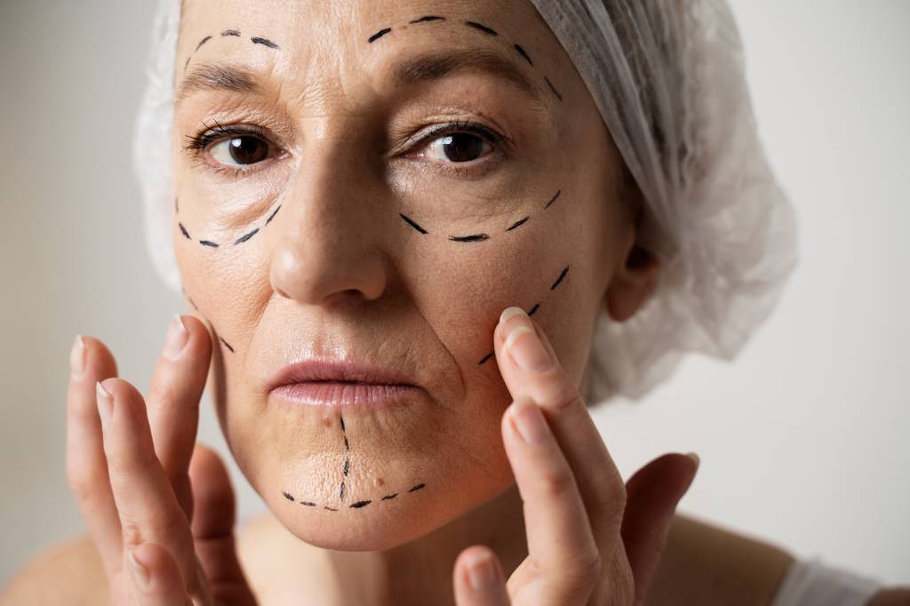 substancias-da-vida-real (2) Imagem de mulher com pele madura com marcas de caneta para procedimento estético na face.