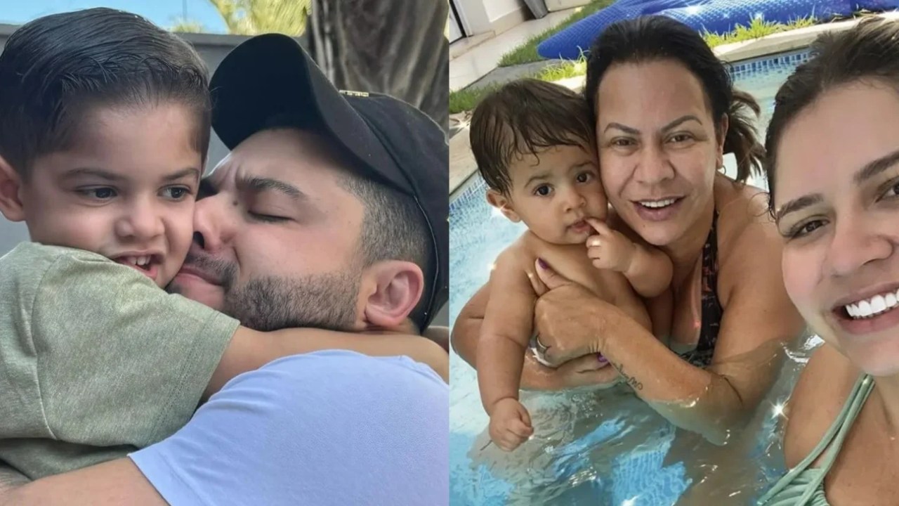 Murilo Huff e filho à esquerda; à direita, Ruth e Marília Mendonça com o filho Léo na piscina