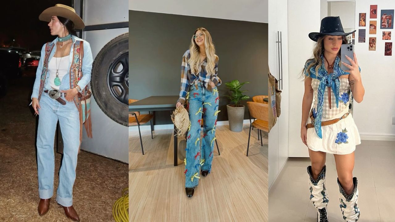 Três imagens de mulheres utilizando roupas de festa junina