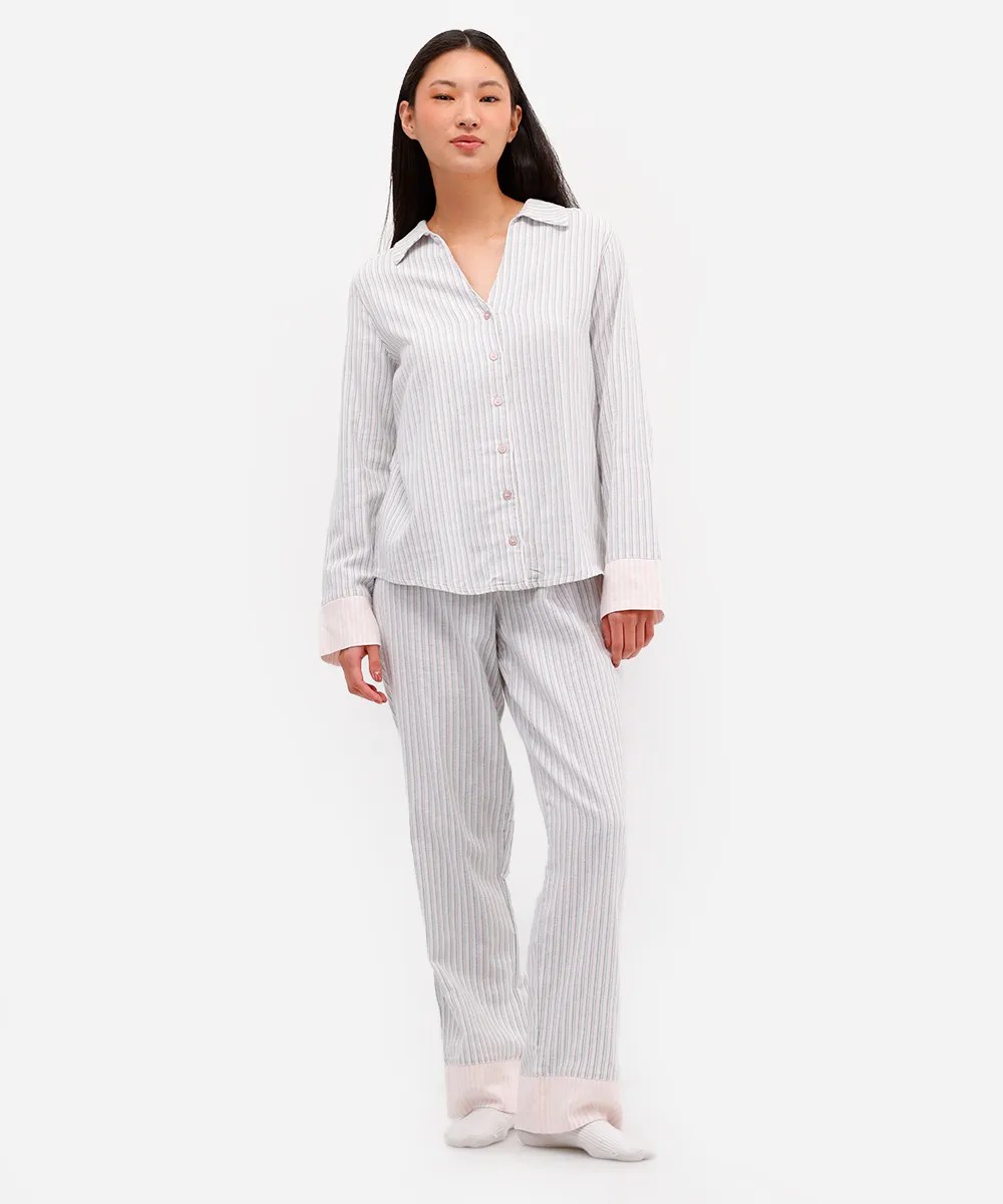 Pijama americano longo com listras azuis