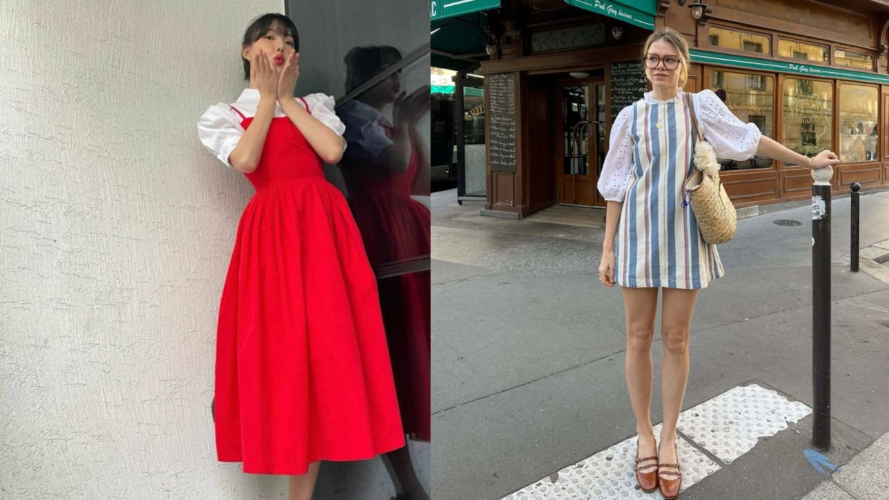 Duas imagens de mulheres usando vestidos como sobreposições de camisas com mangas bufantes.