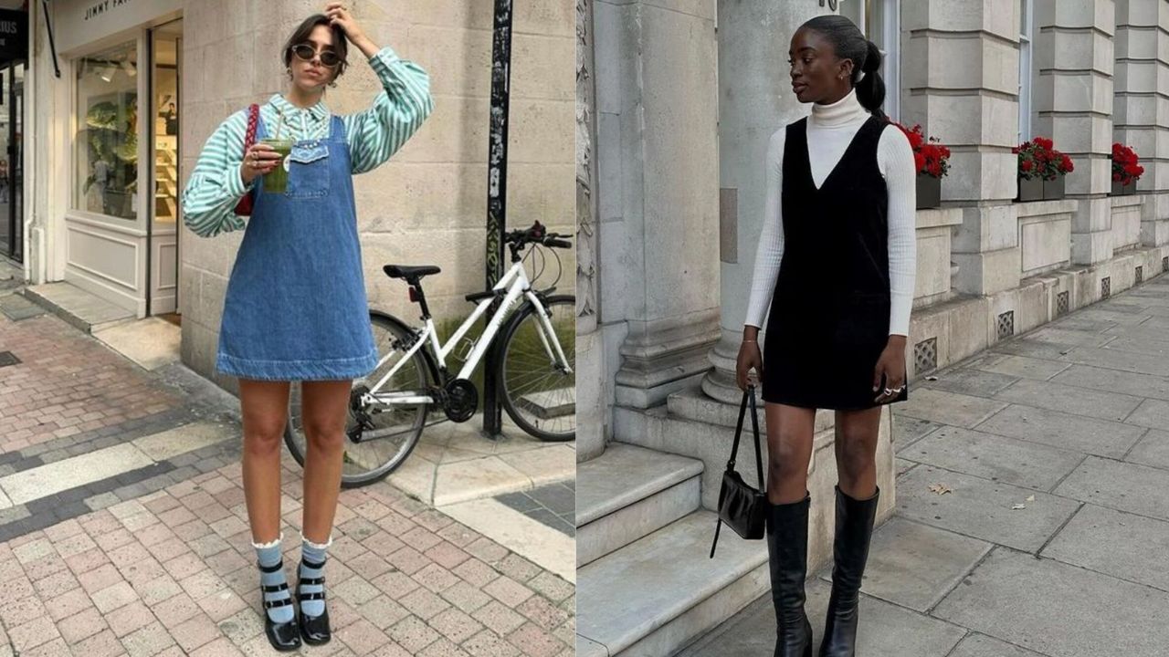 Duas imagens de mulheres usando vestido como sobreposição em composições que apresentam golas diferentes (gola francesa e decotada; gola alta e em V).