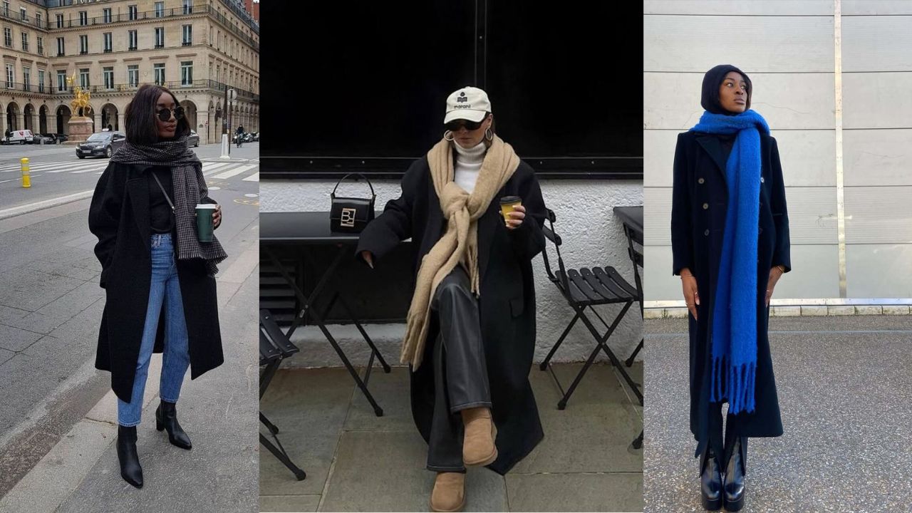 Três imagens mostram mulheres exibindo looks com sobretudo preto e cachecol colorido.