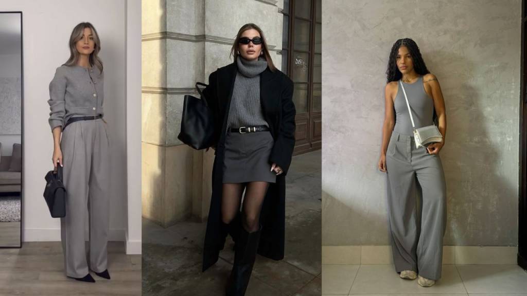 tendências-de-inverno (2) Três mulheres com looks em cinza representando uma das tendências de inverno