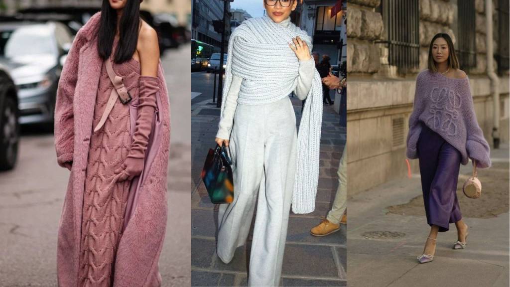 tendências-de-inverno (5) Imagem de três mulheres com looks em malha representando as tendências de inverno de 2025