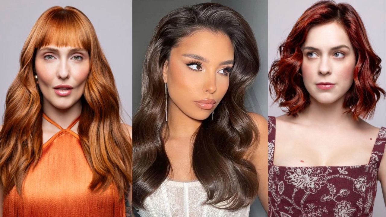Três imagens de mulheres exibindo tons de cabelo para o inverno: ruivo, chocolate e ruivo cereja.