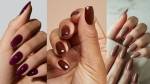 Três imagens de mãos brancas exibindo unhas com esmaltações roxa, marrom e nude.