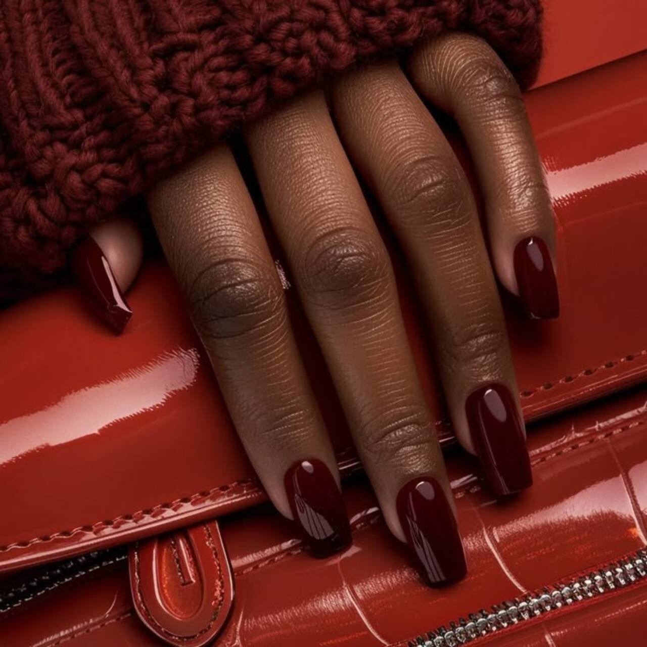 Imagem de mão branca com unhas quadradas com esmaltação vinho.