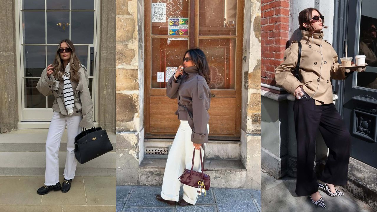 Imagens mostram mulheres exibindo looks com trench coat cropped para o inverno.