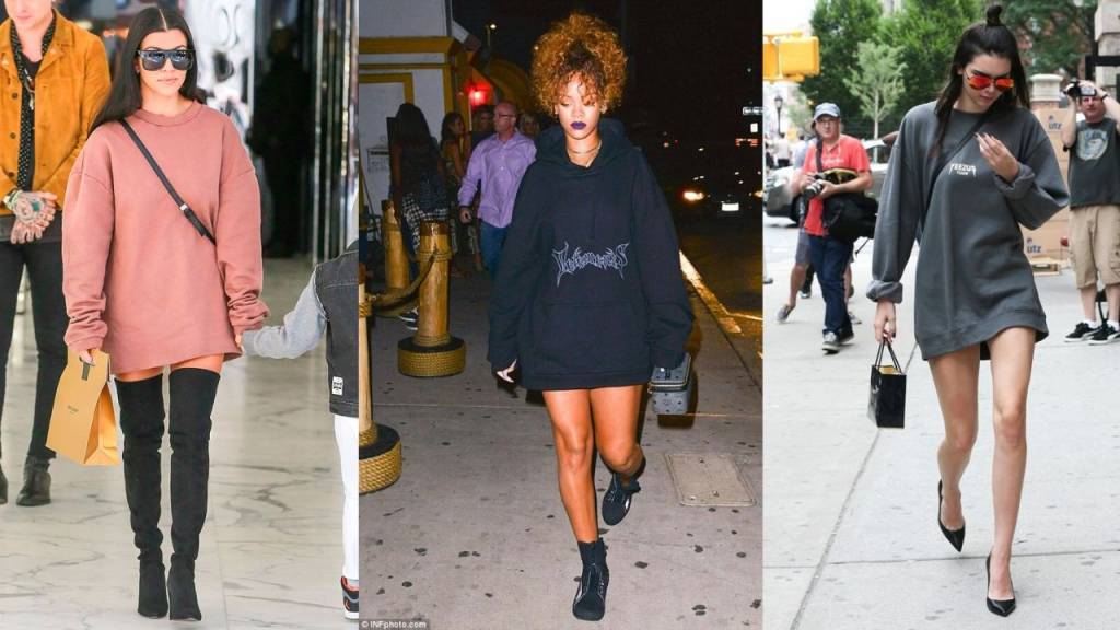 vestidos-inverno (4) Mostra três mulheres usando vestidos de moletom no inverno