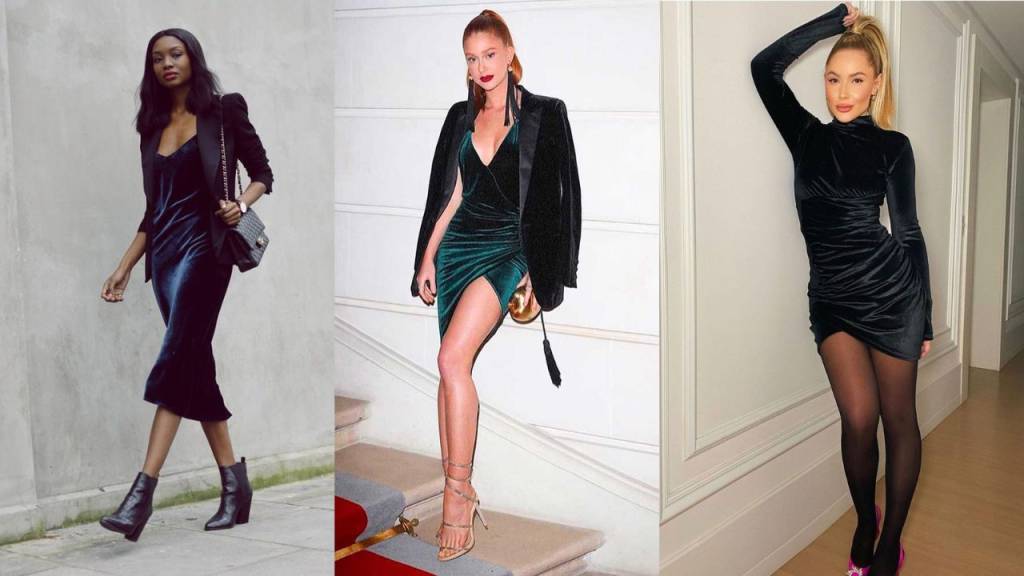 vestidos-inverno (5) Mostra três mulheres usando vestidos de veludo em looks noturnos