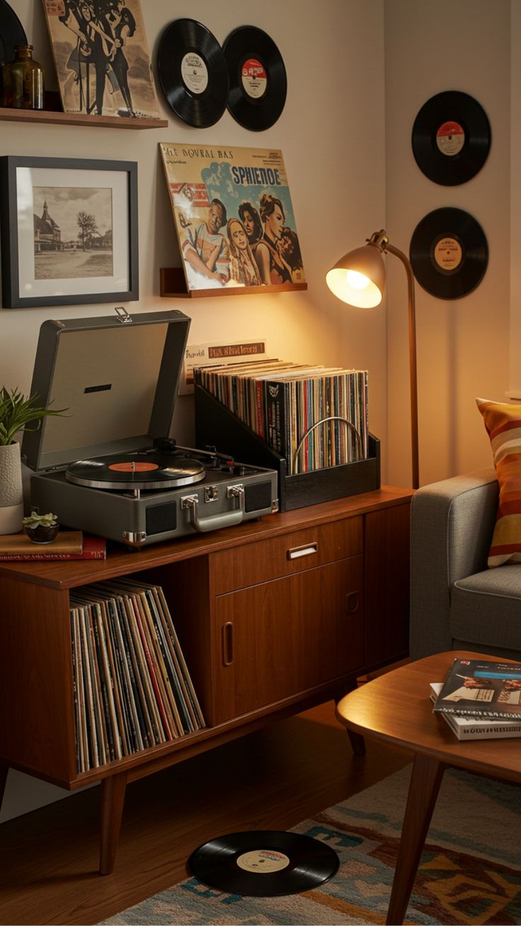 Aparadores podem ser utilizados para apoiar o toca-discos, o amplificador e outros equipamentos.