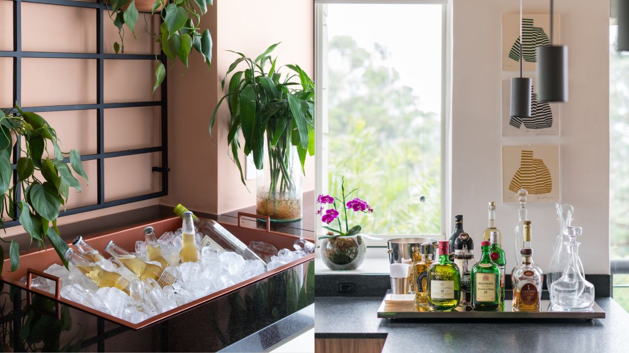 O bar integrado à área gourmet é uma opção ideal para armazenar bebidas, exibir taças e criar uma atmosfera descontraída para encontros.