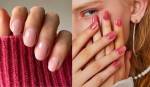 Duas imagens mostarm unhas translúcidas rosas.