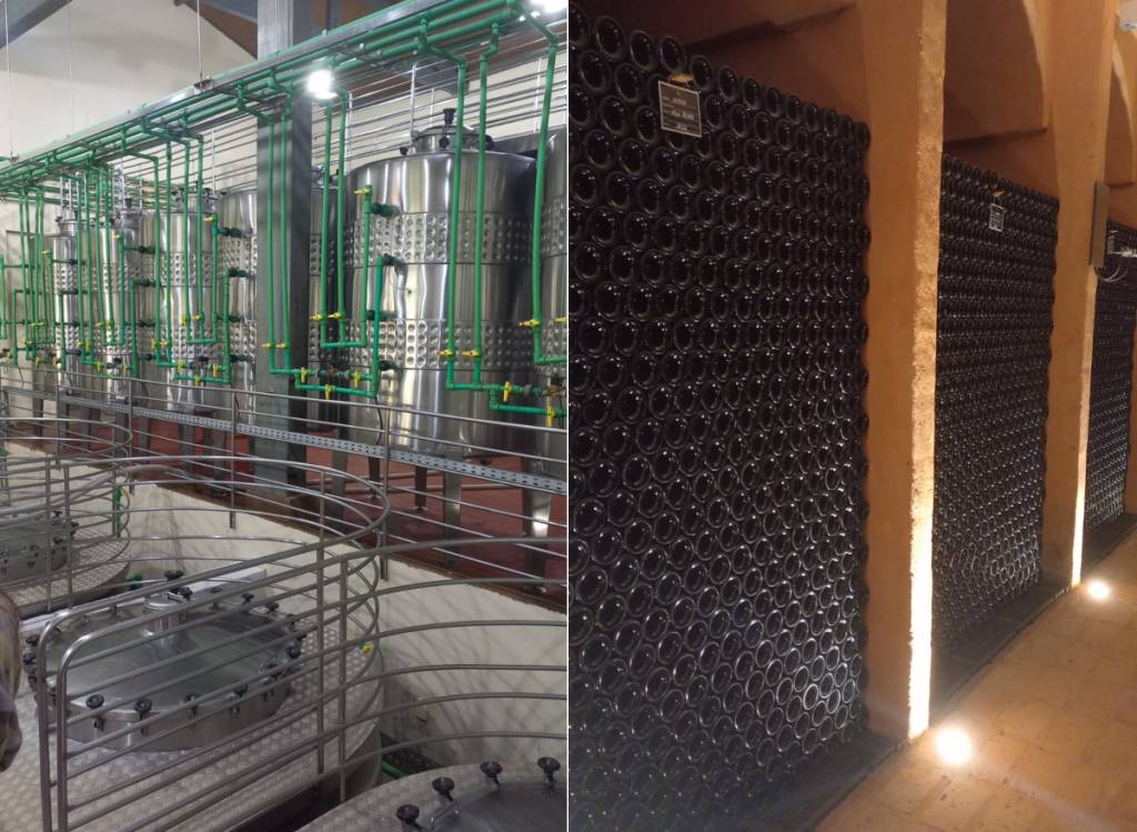 Os tanques de inox por onde os vinhos passam, e a cave das garrafas, que levam um ano para serem comercializadas