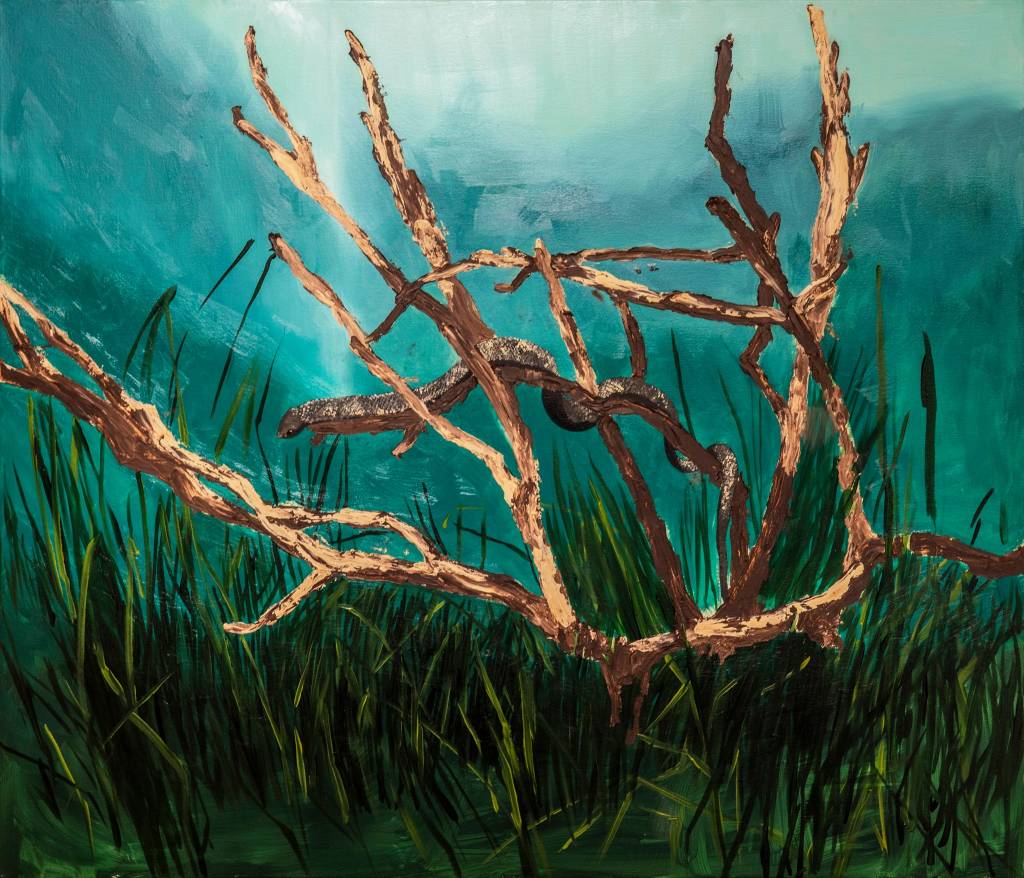 CERRADO GALERIA – ALICE LARA – RECINTO AZULADO DAS COBRAS DA SÉRIE AS ORDENS NO PARAÍSO – 2020 – OLEO SOBRE TELA – Maria Luz Carvalho Alice Lara – Recinto Azulado das Cobras