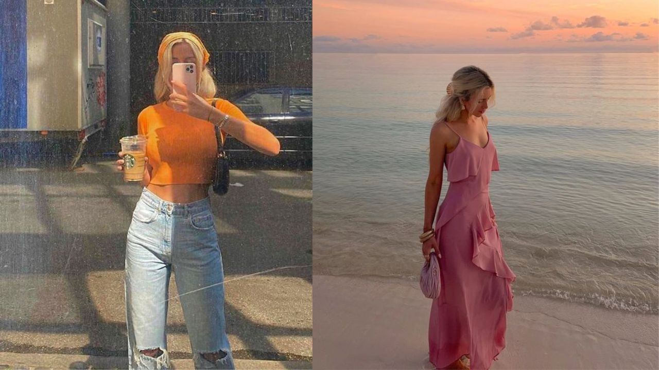 Duas imagens de mulheres vistas a distância mostrando seu look sem mostrar claramente o rosto