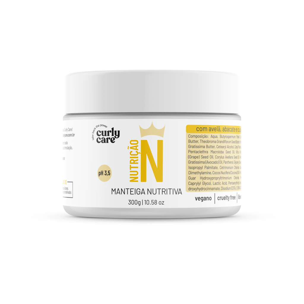 Embalagem de manteiga capilar da marca Curly Care. Ela é branca com detalhes em amarelo