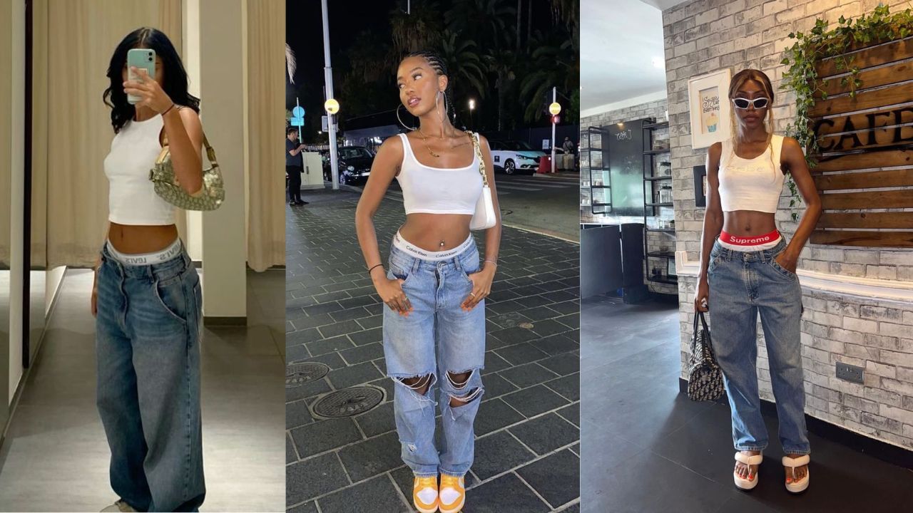 Três imagens de mulheres usando calça de cintura baixa com calcinha a mostra