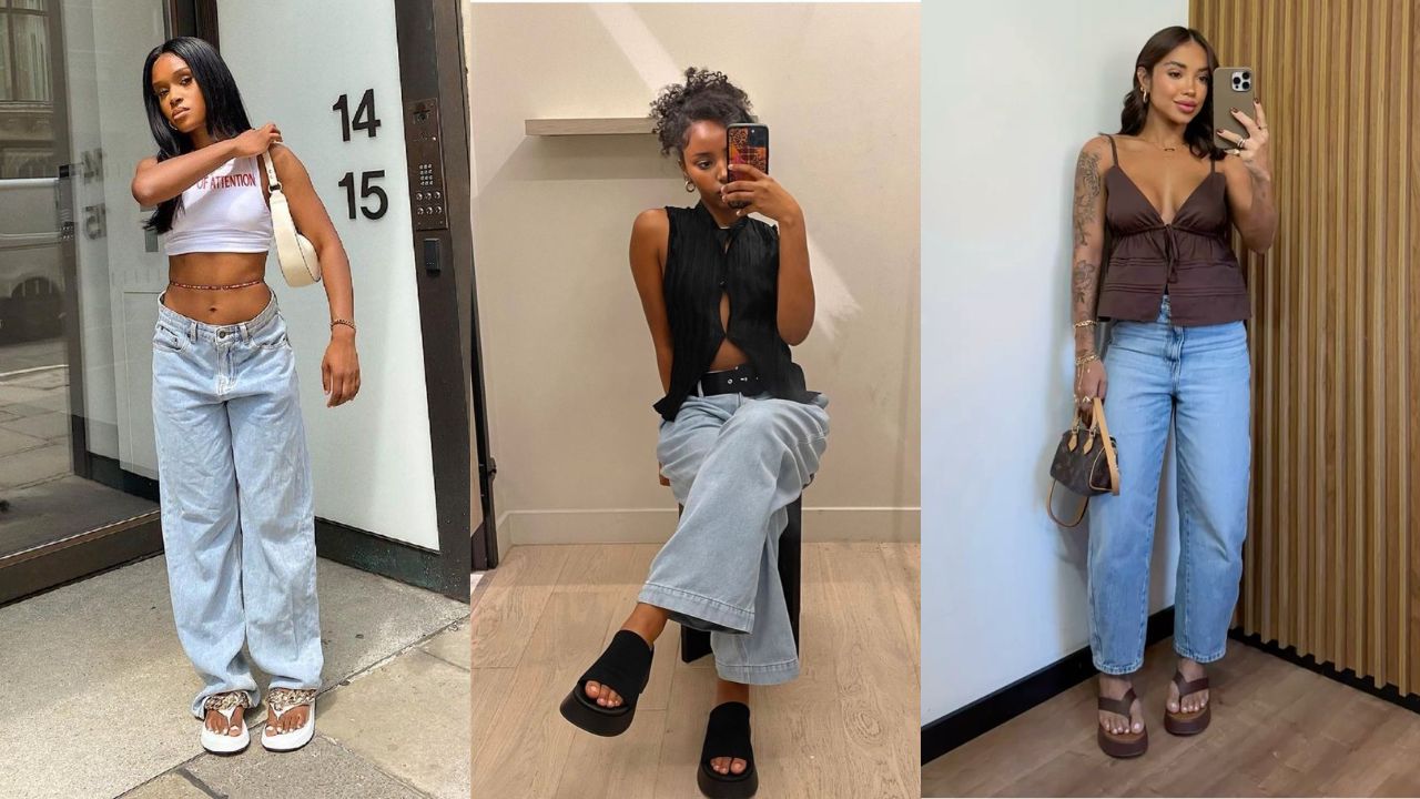 Três imagens de mulheres combinando chinelo de plataforma com calça jeans