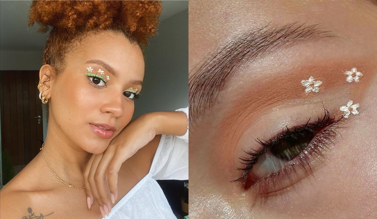 Duas imagens mostram delineado com flor.