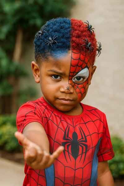 Foto de uma criança com uma maquiagem de homem aranha