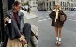 Colagem com duas fotos. A primeira mostra uma mulher usando um look composto por jaqueta de couro preta, calça preta e tênis marrom. A segunda mostra uma mulher usando um look composto por blazer marrom, saia plissada marrom, tênis marrom e tricô amarelo