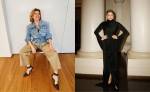 Colagem com duas fotos. A primeira mostra Debora Bloch usando um look composto por jaqueta jeans, calça de alfaiataria marrom e salto scarpin preto. A segunda mostra Debora Bloch usando um look composto por vestido preto longo, além de um salto preto