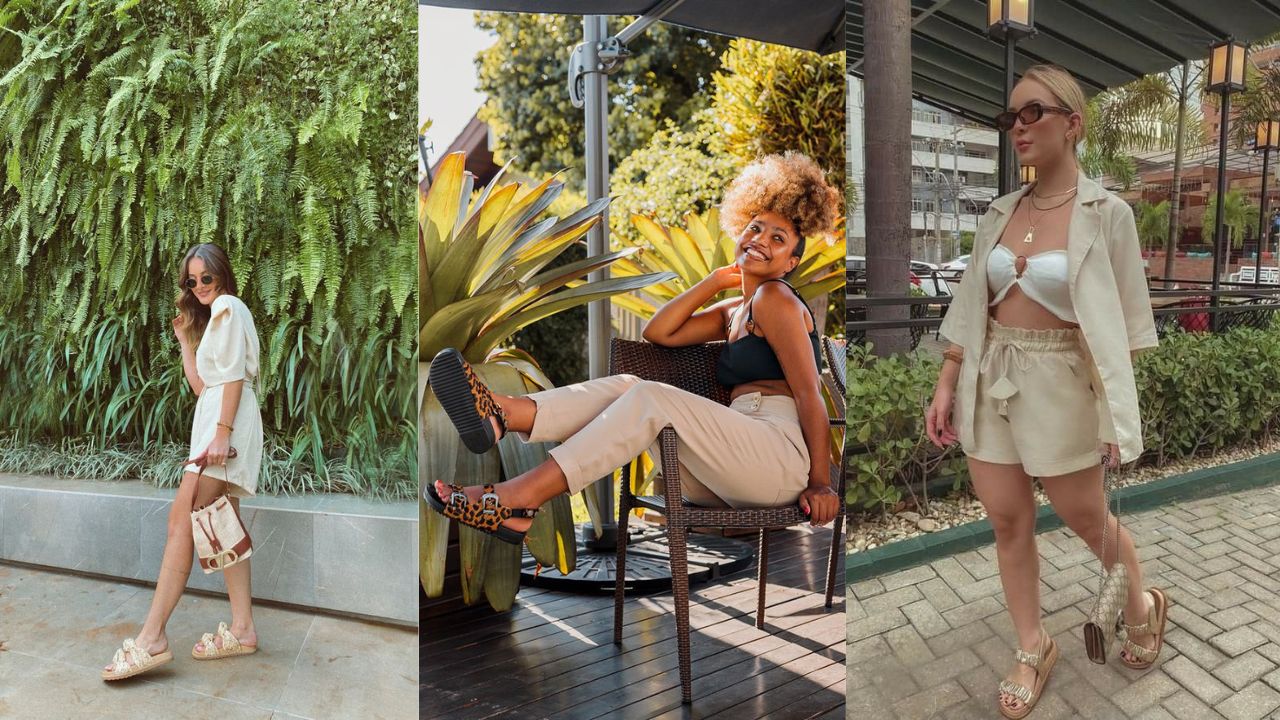 Tr&ecirc;s imagens de mulheres vistas de corpo inteiro usando diferentes modelos de papete