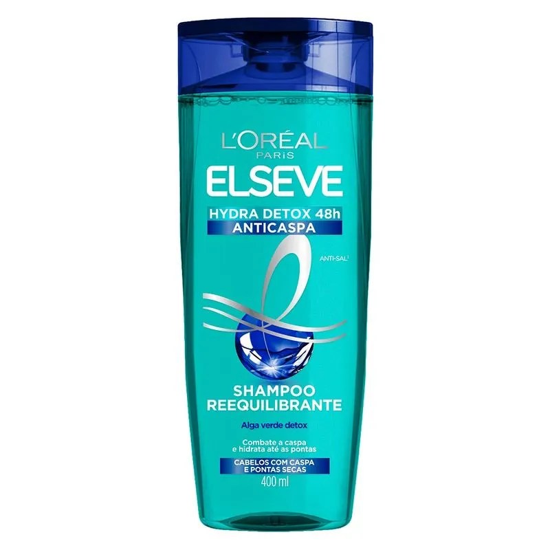 Imagem mostra shampoo para cabelos oleosos Hydra Detox 48h de Pantene, L'Oreal Paris. A embalagem é verde e azul.