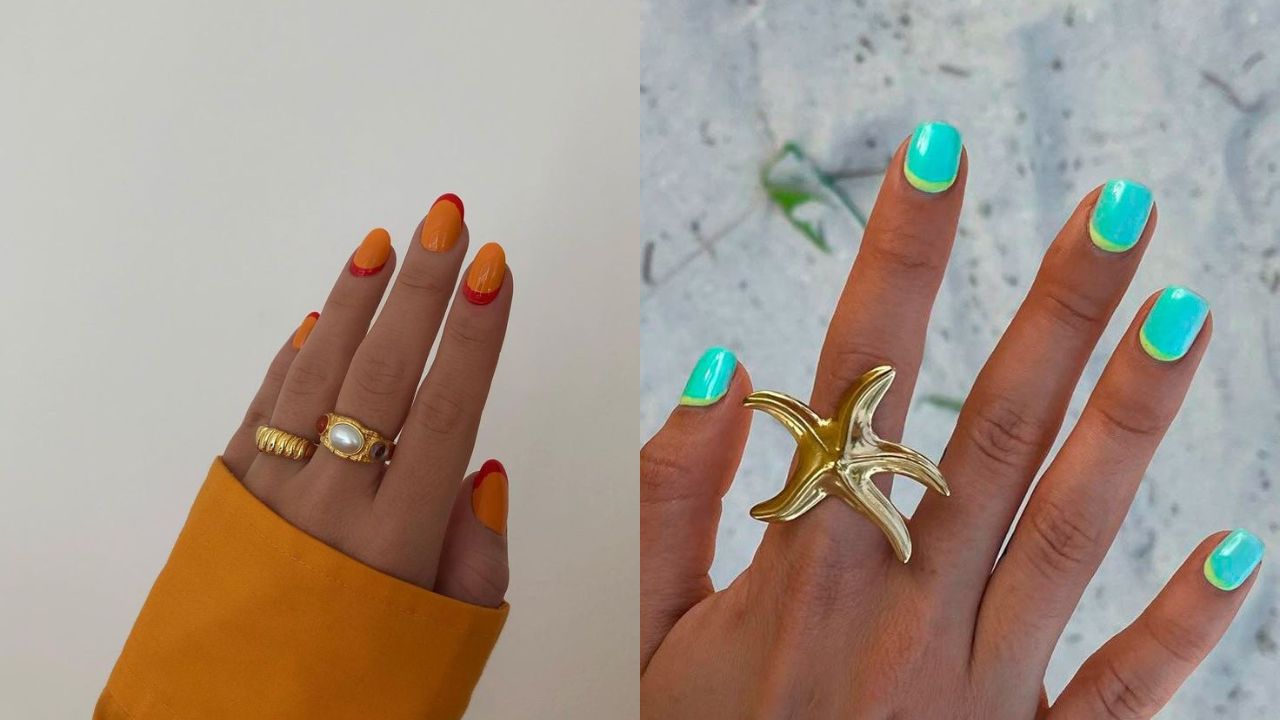 Duas imagens de unhas decoradas com diferentes cores de francesinha invertida