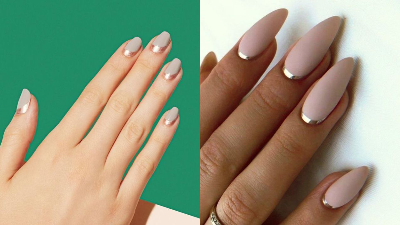 Duas imagens de unhas com francesinha invertida com tons de dourado