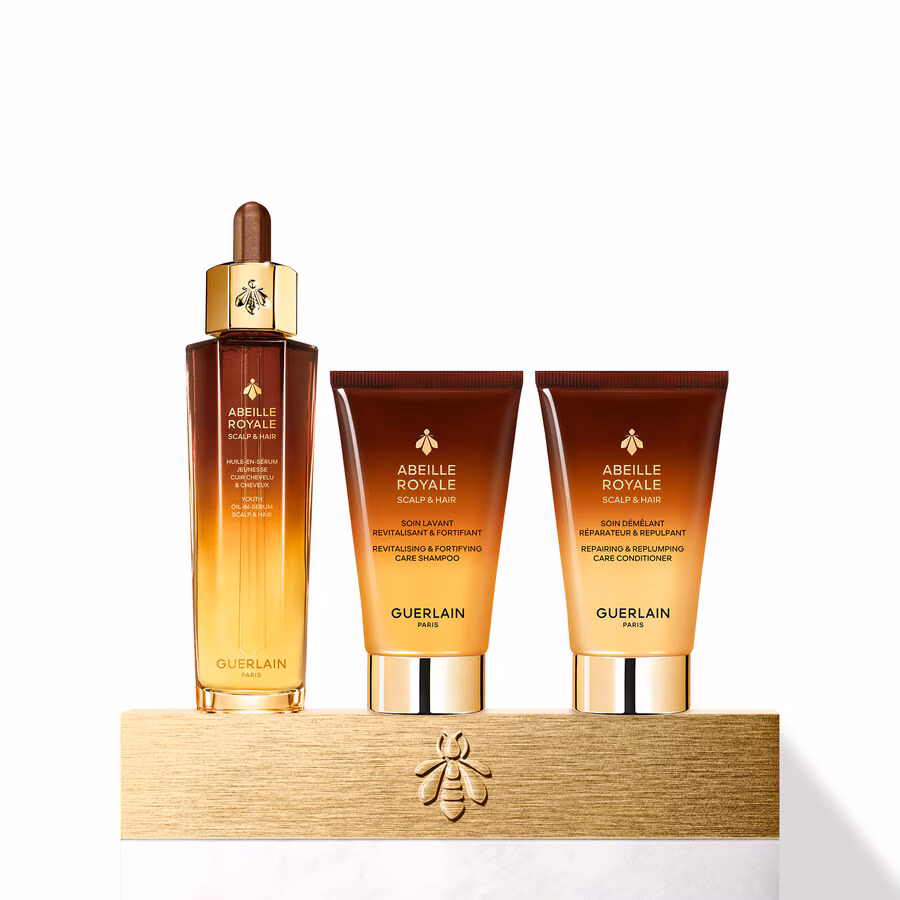 Imagem de kit travel size shampoo, condicionador e sérum da Guerlain.