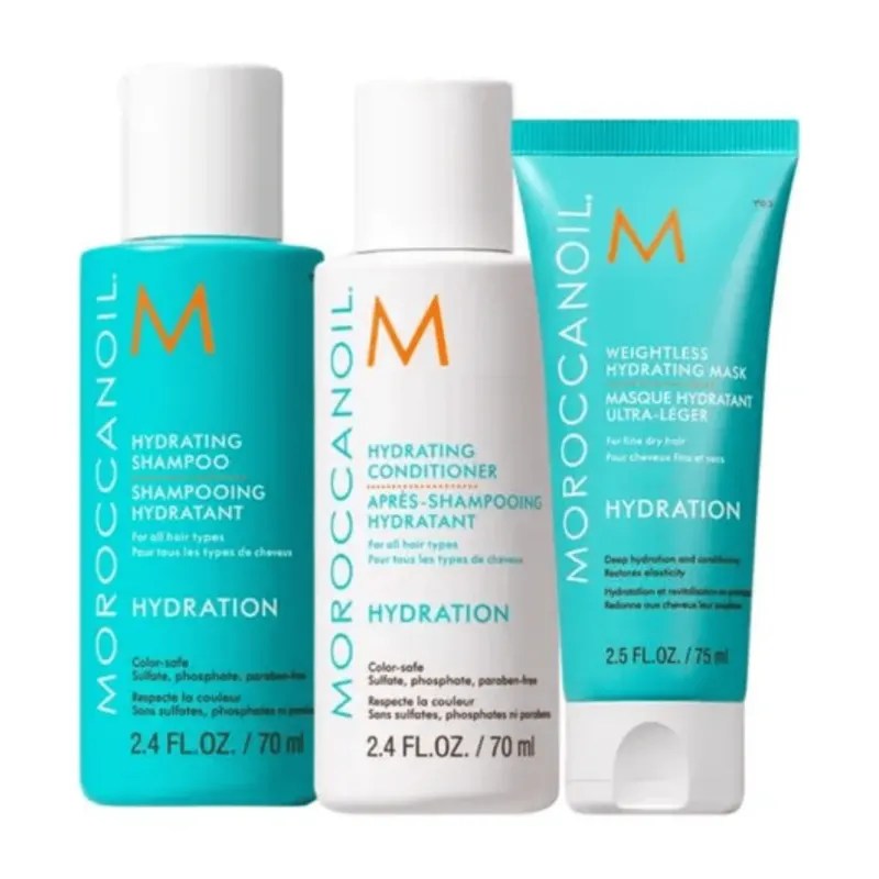 Imagem de kit travel size shampoo, condicionador e máscara da Moroccanoil.