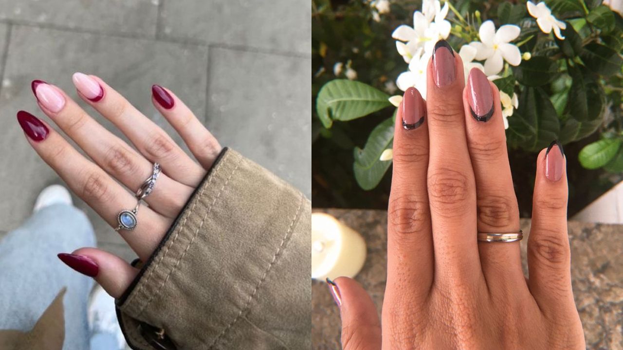 Duas imagens de francesinha invertida intercalada como tend&ecirc;ncia de unha para o final de ano