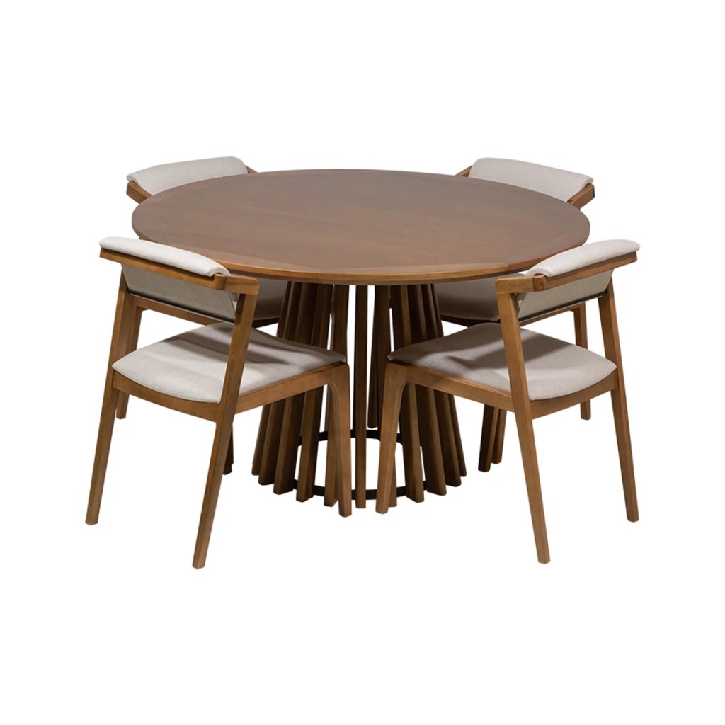 Conjunto de jantar com mesa e quatro cadeiras em madeira