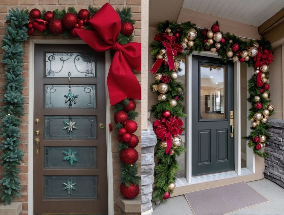 Duas portas de casas decoradas com fest&otilde;es de natal