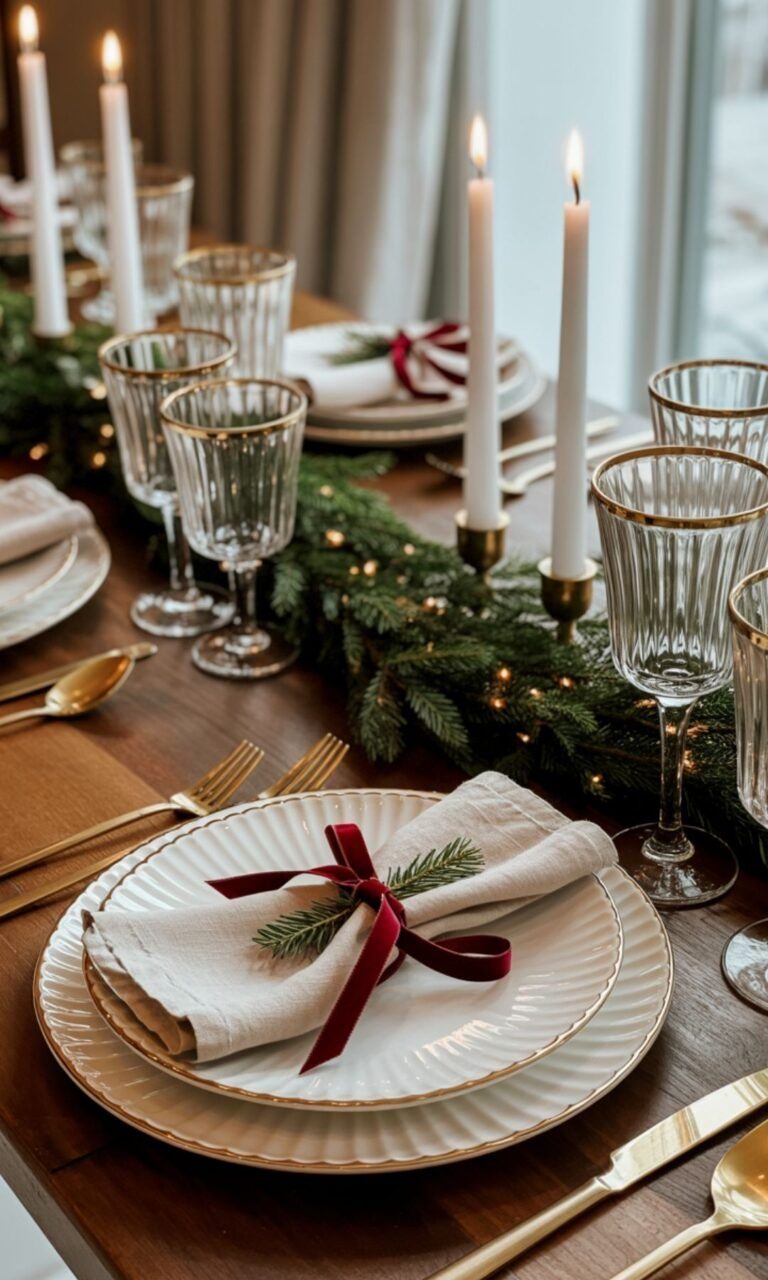 Mesa posta decorada com la&ccedil;os, velas e fest&otilde;es para o Natal